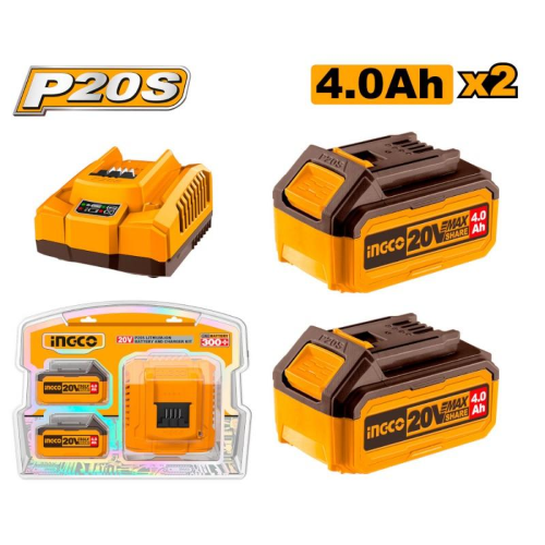 KIT INGCO 2 BATTERIE 20V 4AH + CARICABATTERIA PER ELETTROUTENSILI P20S