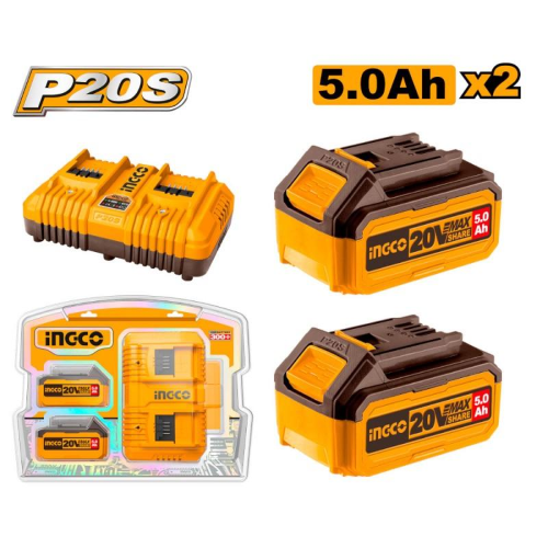 KIT INGCO 2 BATTERIE 20V 5AH + CARICABATTERIA PER ELETTROUTENSILI P20S